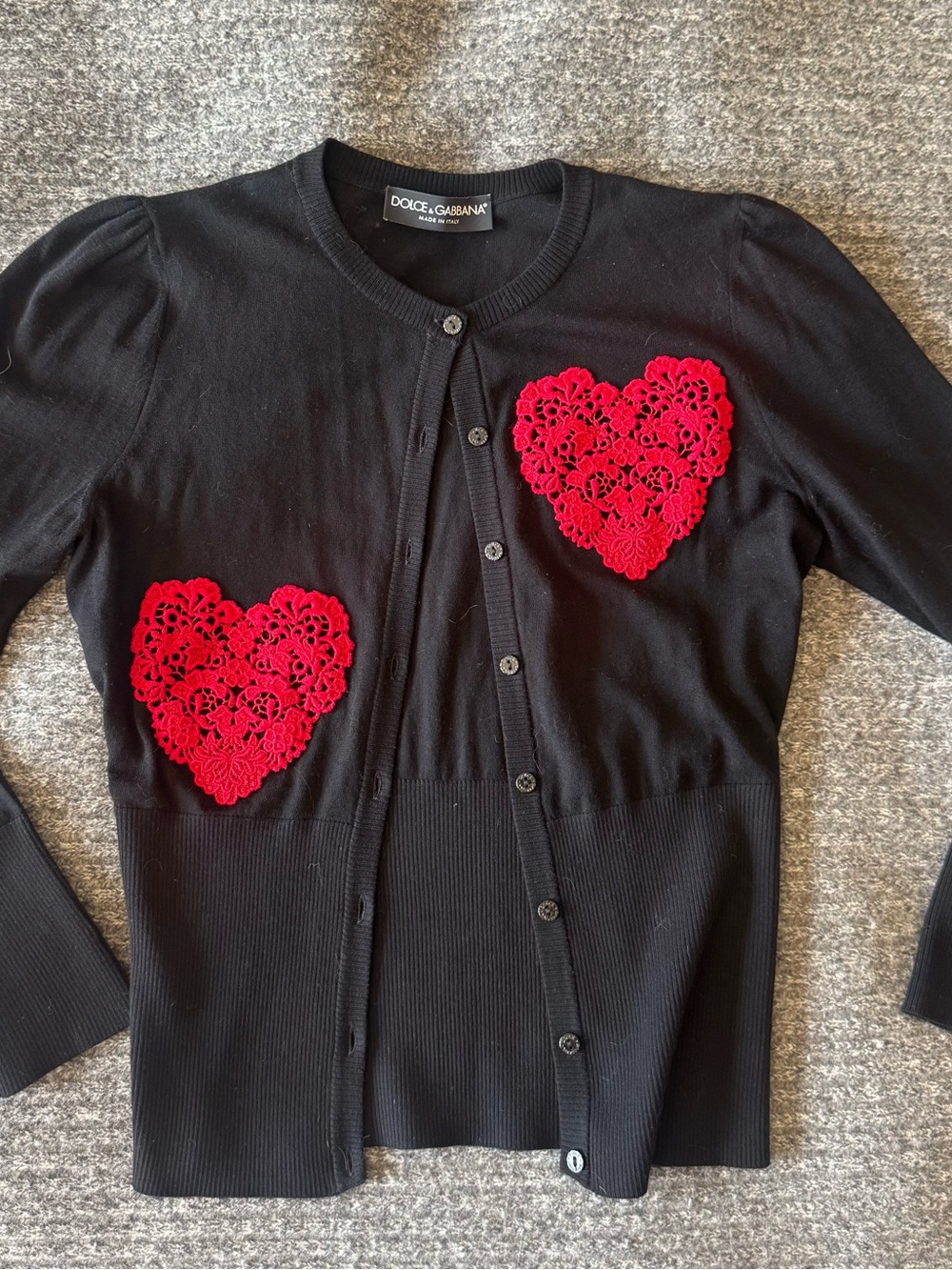Dolce & Gabbana Black Cardigan with Red Heart Lace Appliqués